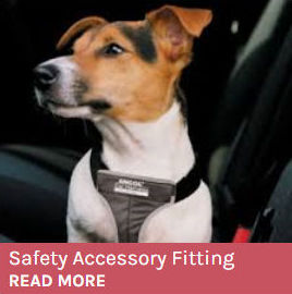 Safety Accessory Fitting Service button showing a jack russell wearing a car safety harness